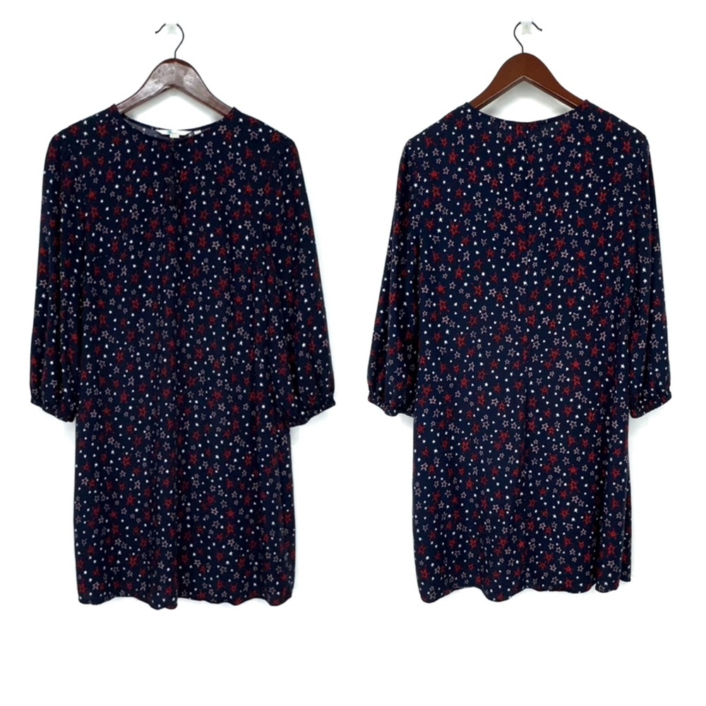 Boden Red Pink & White Star Print Navy Blue Keyhole Front Dress With Sleeves